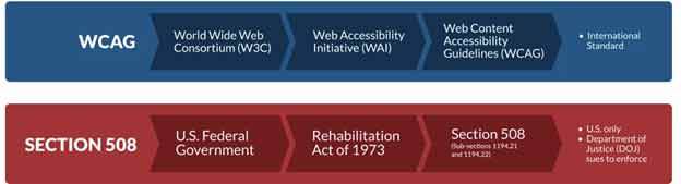 WCAG is the international standard and Section 508 is U.S. only where the Department of Justise sues to enforce.