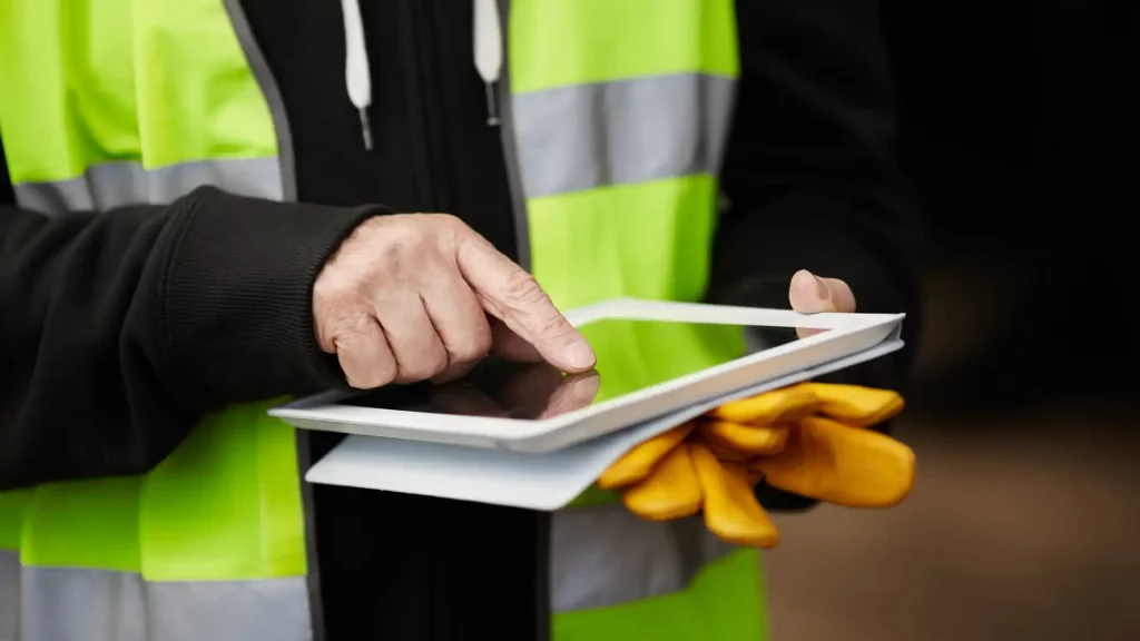 A code worker with a yellow safety vest navigates digital content on a tablet