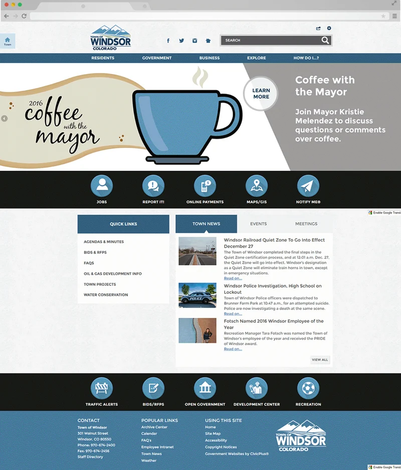 Windsor, Colorado government website homepage