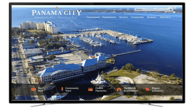 Panama City, Florida's website with flat design shown on a computer monitor
