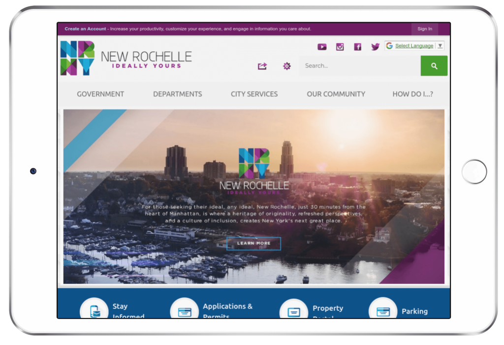 New Rochelle, New York's municipal website displayed on a tablet