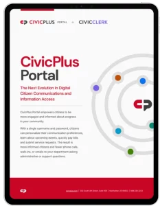CivicClerk® + CivicPlus Portal fact sheet cover image on a black tablet