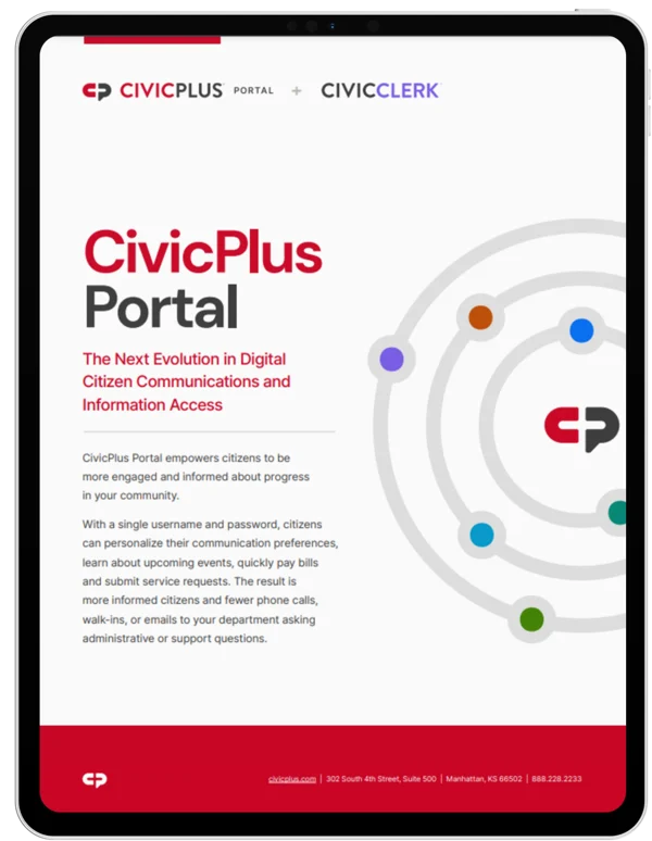 CivicClerk® + CivicPlus Portal fact sheet cover image on a black tablet