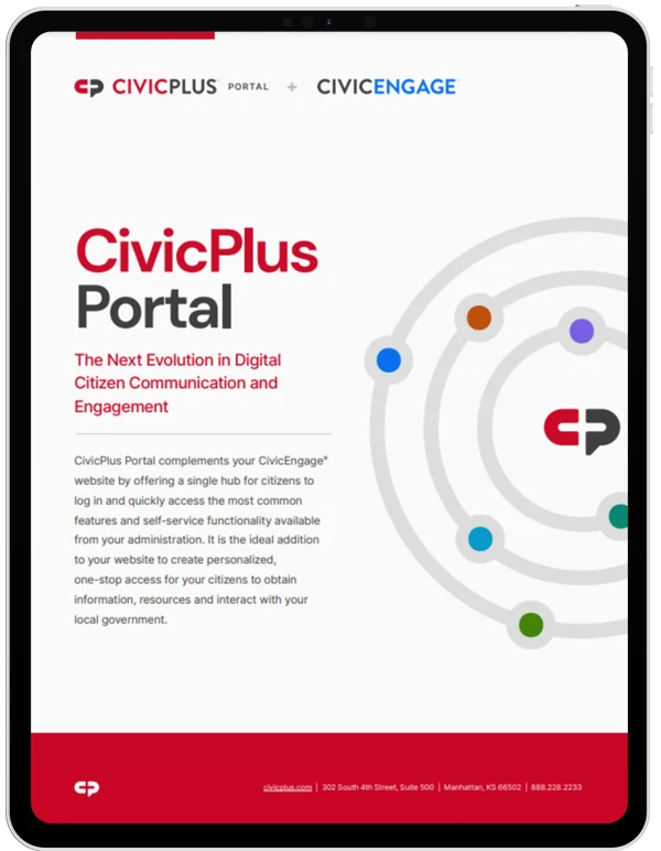 Municipal Websites + CivicPlus Portal fact sheet cover page on a black tablet