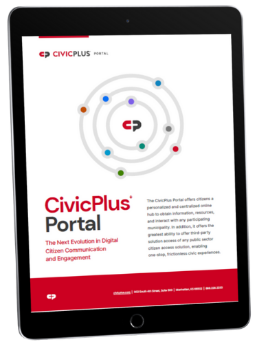 CivicPlus Portal overview fact sheet cover page on a black tablet