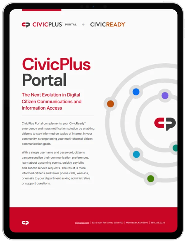 Mass Notifications System + CivicPlus Portal fact sheet cover page on a black tablet