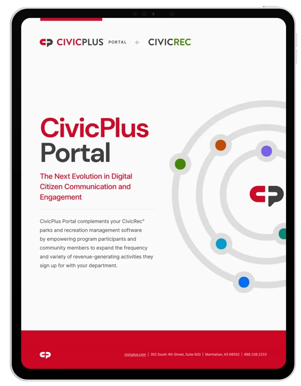 Recreation Management Software + CivicPlus Portal fact sheet cover page on a black tablet