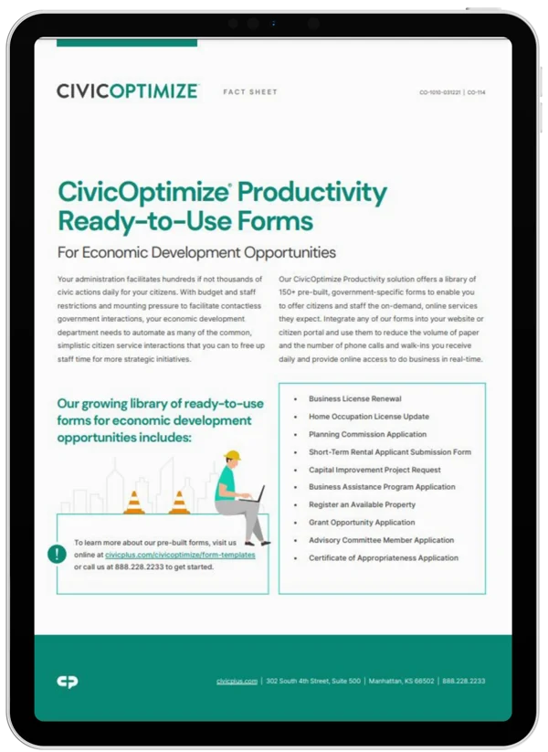 process automation software form templates for economic development services fact sheet cover page on a black tablet