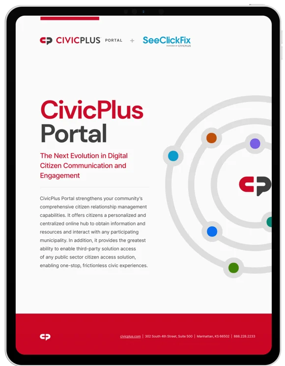 311 CRM + CivicPlus Portal fact sheet cover page on a black tablet