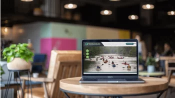 Open laptop on a wooden table