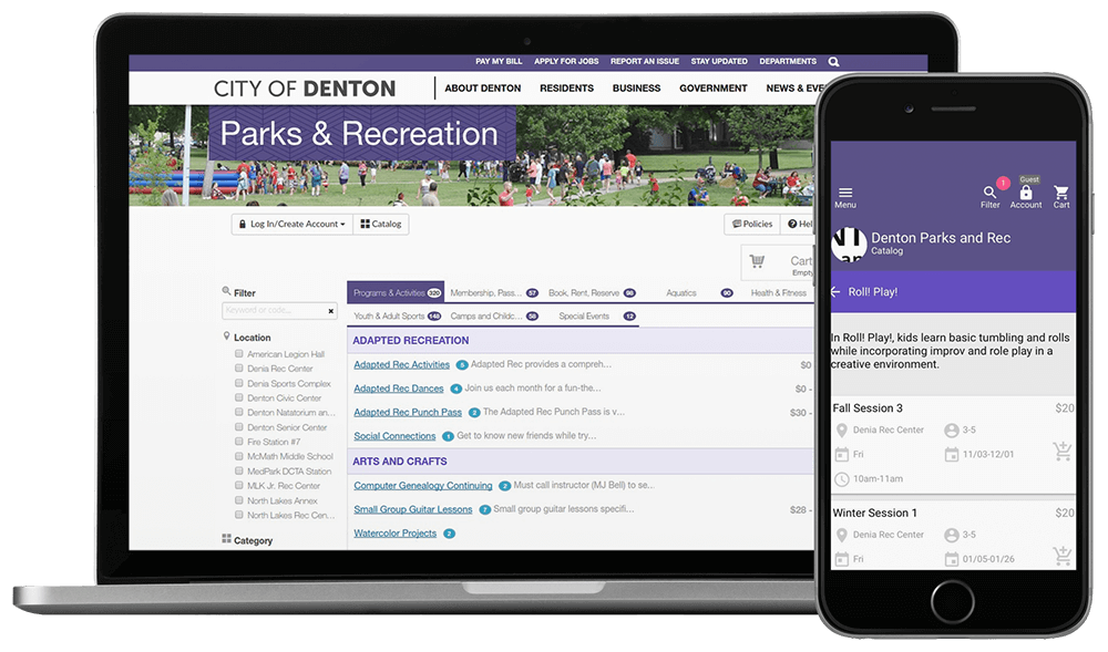 City of Denton, Texas' CivicPlus parks and recreation software displayed on a laptop and smartphone