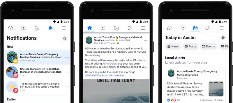 Screenshot of three smartphones displaying a series of Facebook posts about emergency medical services in Austin, Texas