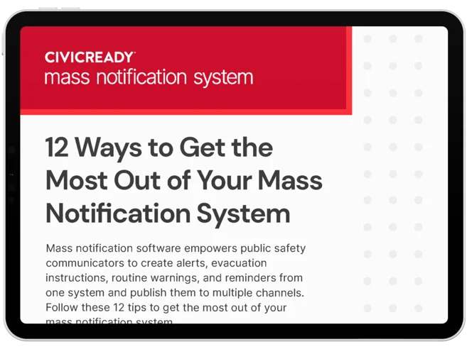 12 Ways to Get the Most Out of Your Mass Notification System infographic displayed on a black tablet