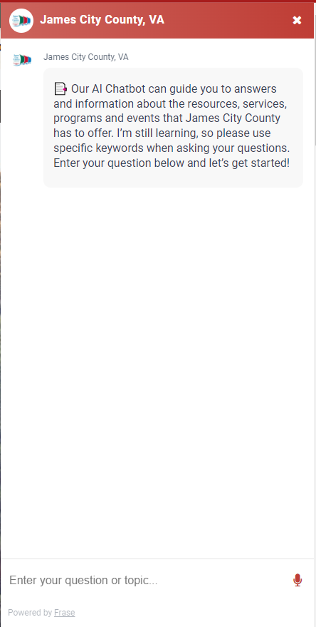 screenshot of James City County's website chatbot