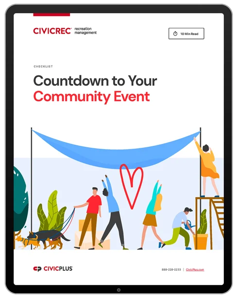 Recreation Management Countdown to Your Community Event Checklist cover page displayed on a black tablet