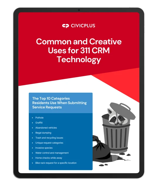 Common and Creative Uses for 311 CRM Technology infographic displayed on a black tablet