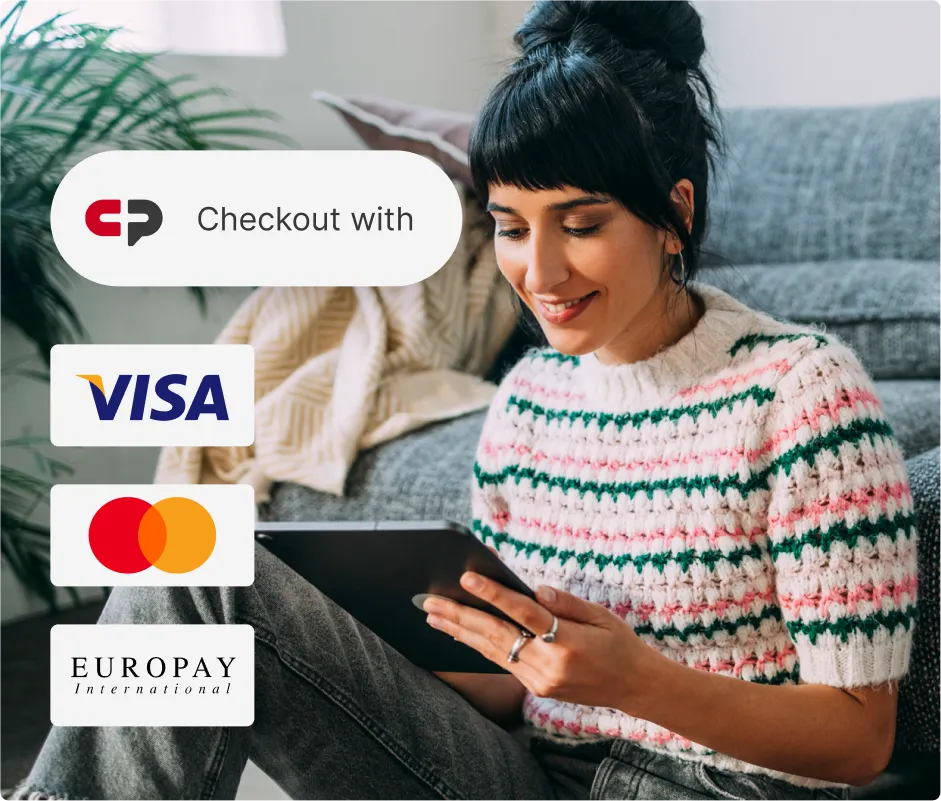 Visual depiction of a woman presented with checkout choices using Mastercard or Visa.