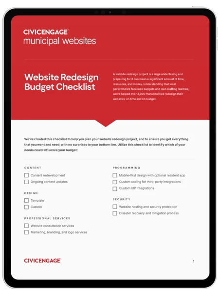 Municipal Website Redesign Checklist cover page displayed on a black tablet