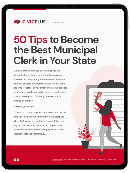 50 Tips to be the best Clerk eBook cover page shown on a black tablet