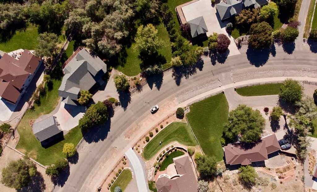 Overhead view of a street and neighborhood