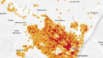 Interactive city map displaying 311 service request trends and performance metrics
