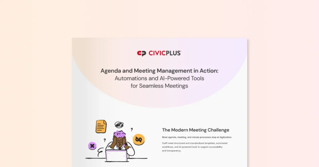 Document cover for Agenda Meeting & Management infographic with animation of a frustrated person sitting at a desk behind a computer.