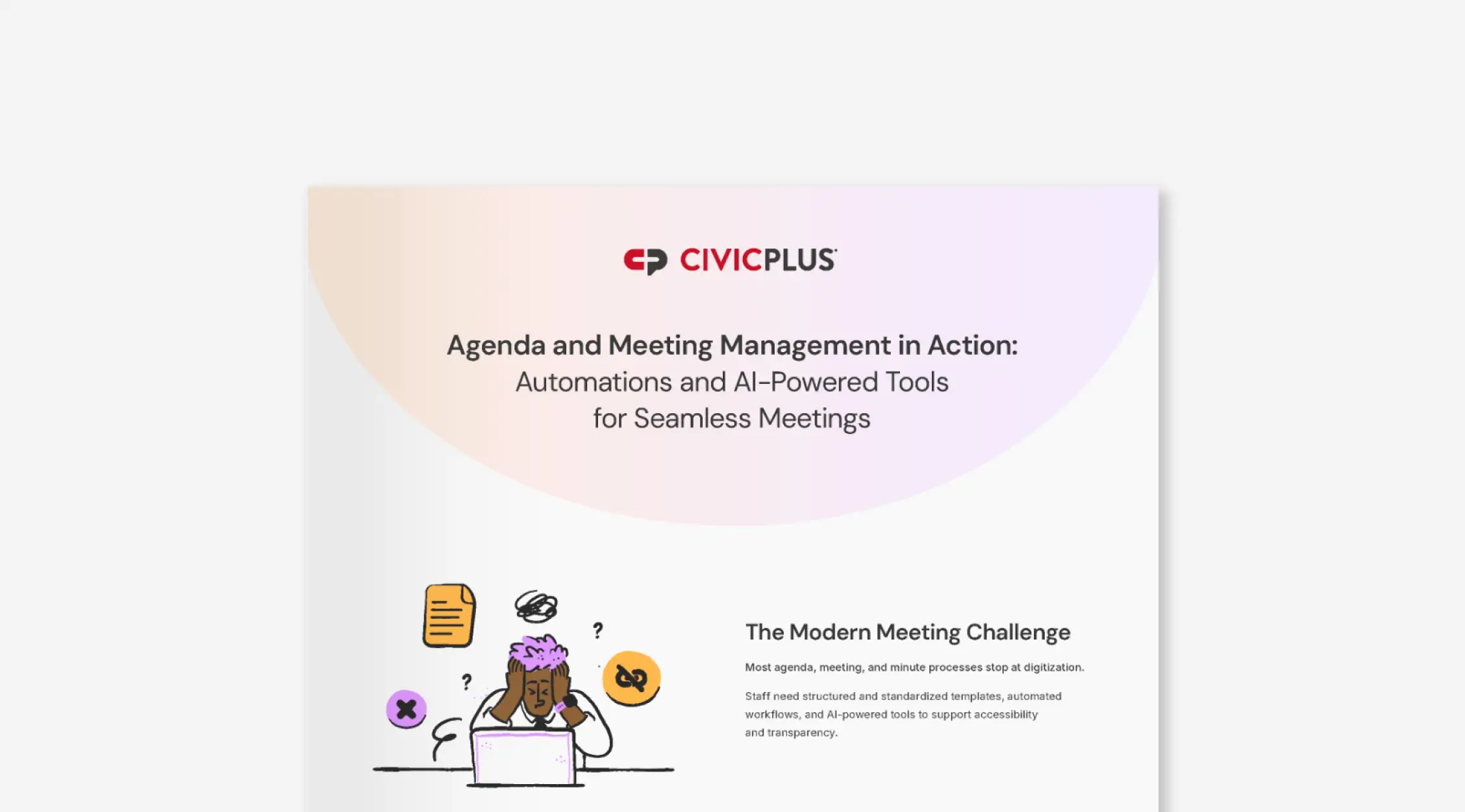 Document cover for Agenda Meeting & Management infographic with animation of a frustrated person sitting at a desk behind a computer.