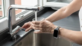 A sink filling a glass of water
