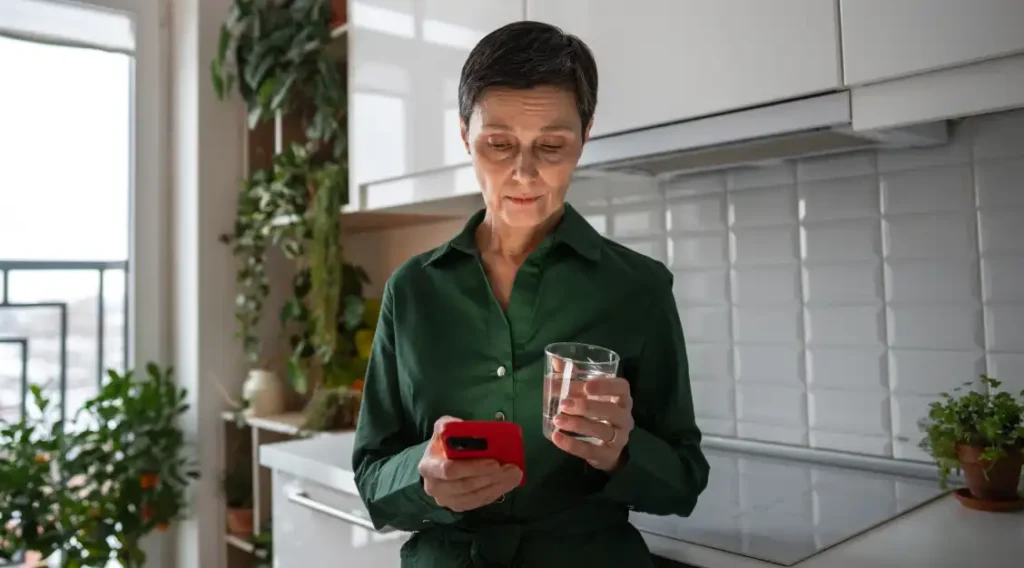 Woman holding water glass looking at phone