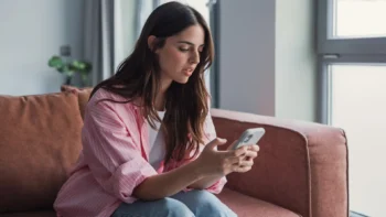 woman sitting on chair looking at cell phone