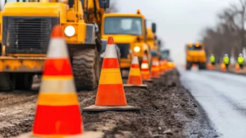 Traffic cones on a road with construction trucks