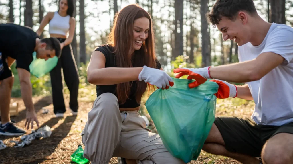 Students collecting trash